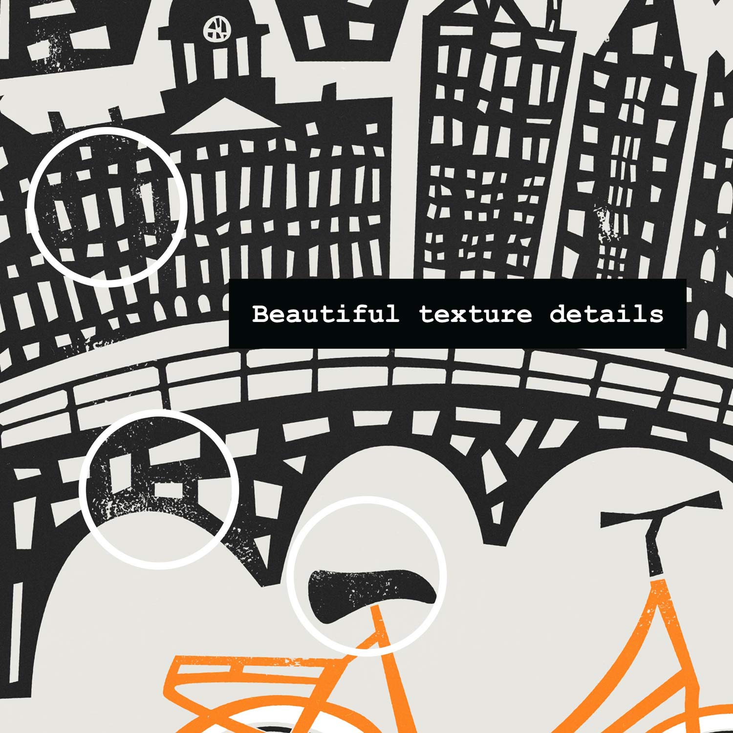 Close-up detail of the Amsterdam skyline print, highlighting the hand-drawn buildings and the curve of the canal arches with the bike below.