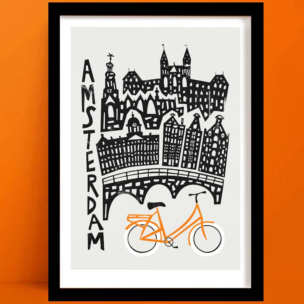 Our Amsterdam print is a stylised black-and-white skyline featuring canal bridges and stepped gables, punctuated by a vivid orange bicycle at the base.