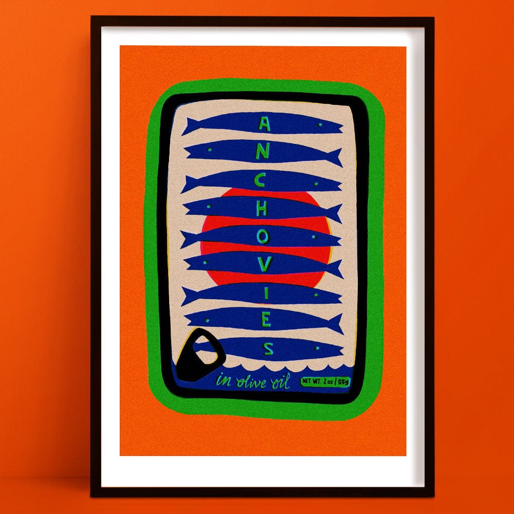 Anchovies food print in olive oil, in black frame, retro tin illustration with bold colours