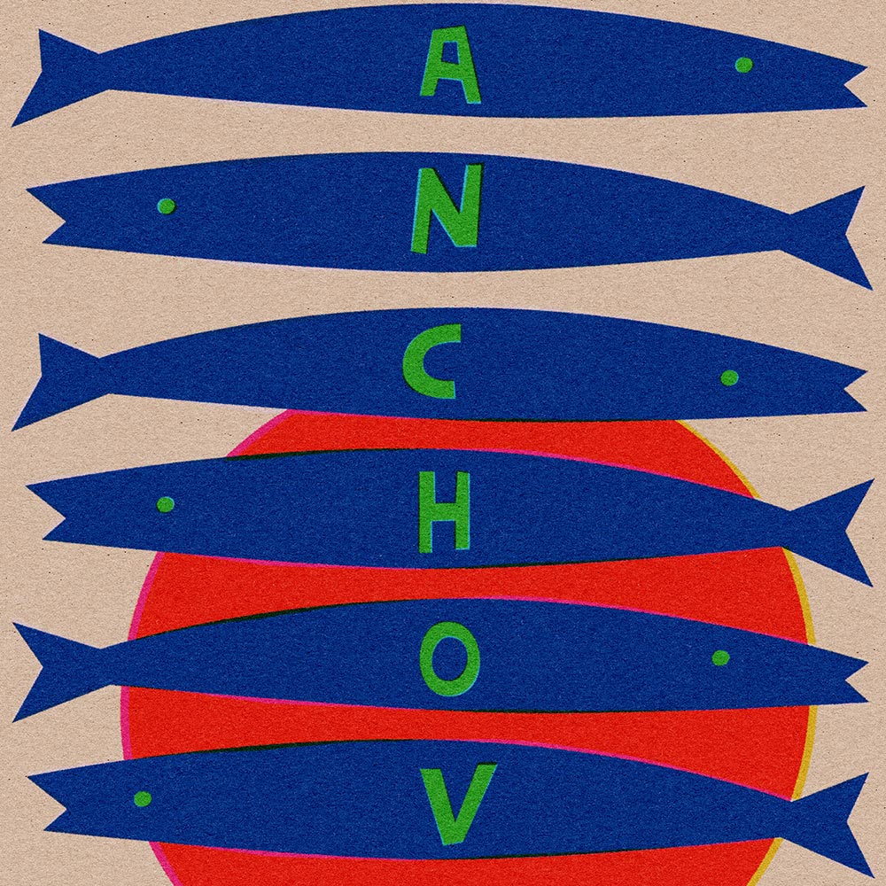Close-up of anchovy tin illustration showing blue fish and hand-lettered text.