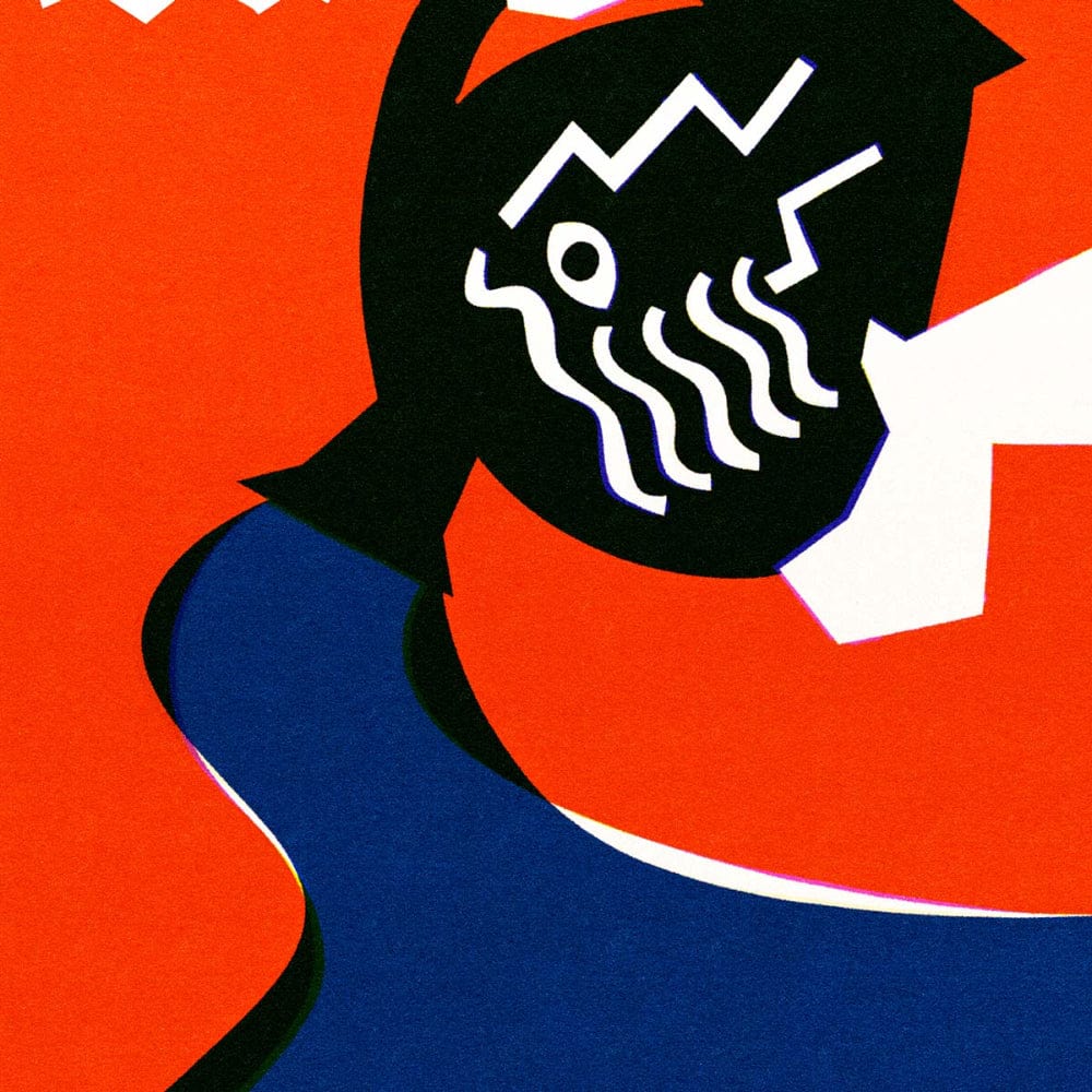 Close-up of Aquarius illustration showing graphic jug and stylised flowing water against red and blue contrast.