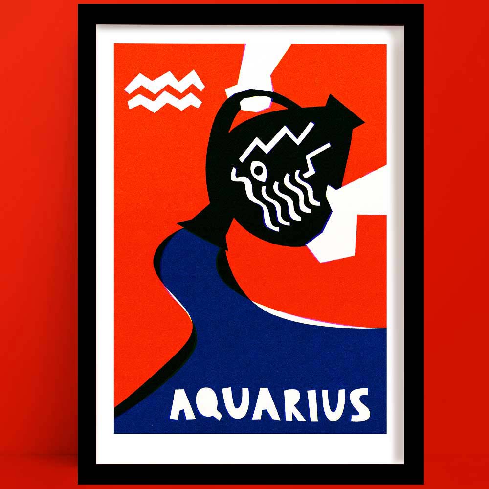 Aquarius print featuring a stylised water bearer pouring zigzag lines, framed on a striking red background.