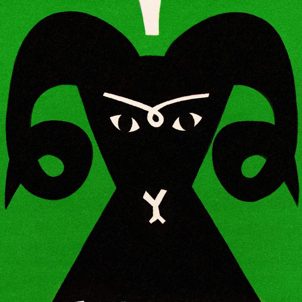 Close-up of Aries zodiac illustration showing sharp black horns, intense expression, and green backdrop.