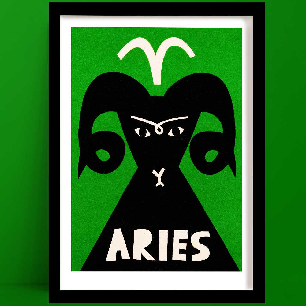 Aries print featuring a stylised black ram with curled horns and the white Aries symbol, framed on bright green background.