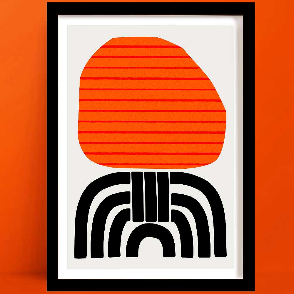 Aurelia abstract print, a striking abstract print featuring a vibrant, textured orange shape with horizontal lines balanced above bold black geometric arches on a clean white background.