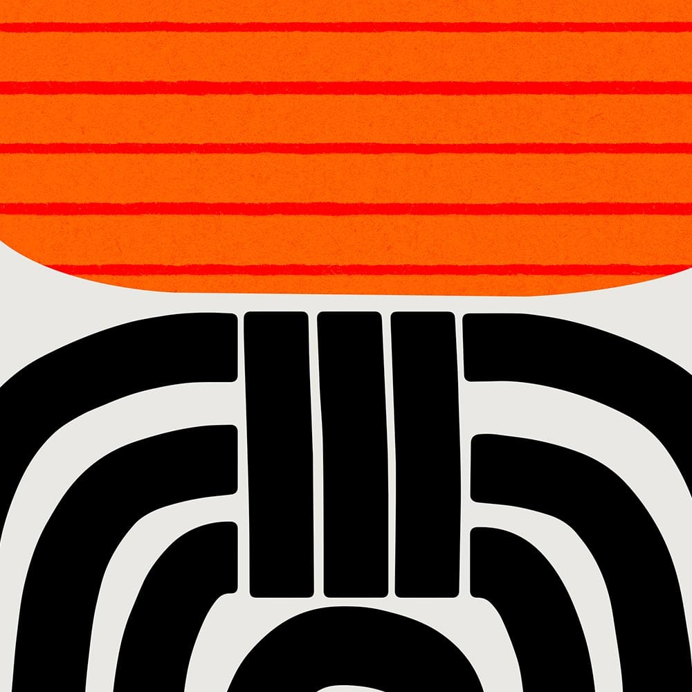 Close-up of the Aurelia print showing the horizontal red-orange striations and thick black arches, revealing texture and a satisfying balance of curves and edges.