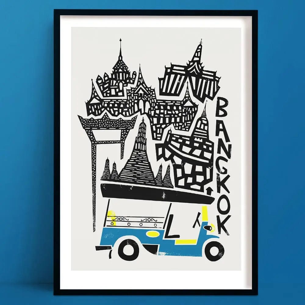 Bold graphic Bangkok art print of its skyline, featuring Thai temples and a charming tuk-tuk, designed in a playful, mid-century style with bright blue and yellow hues.