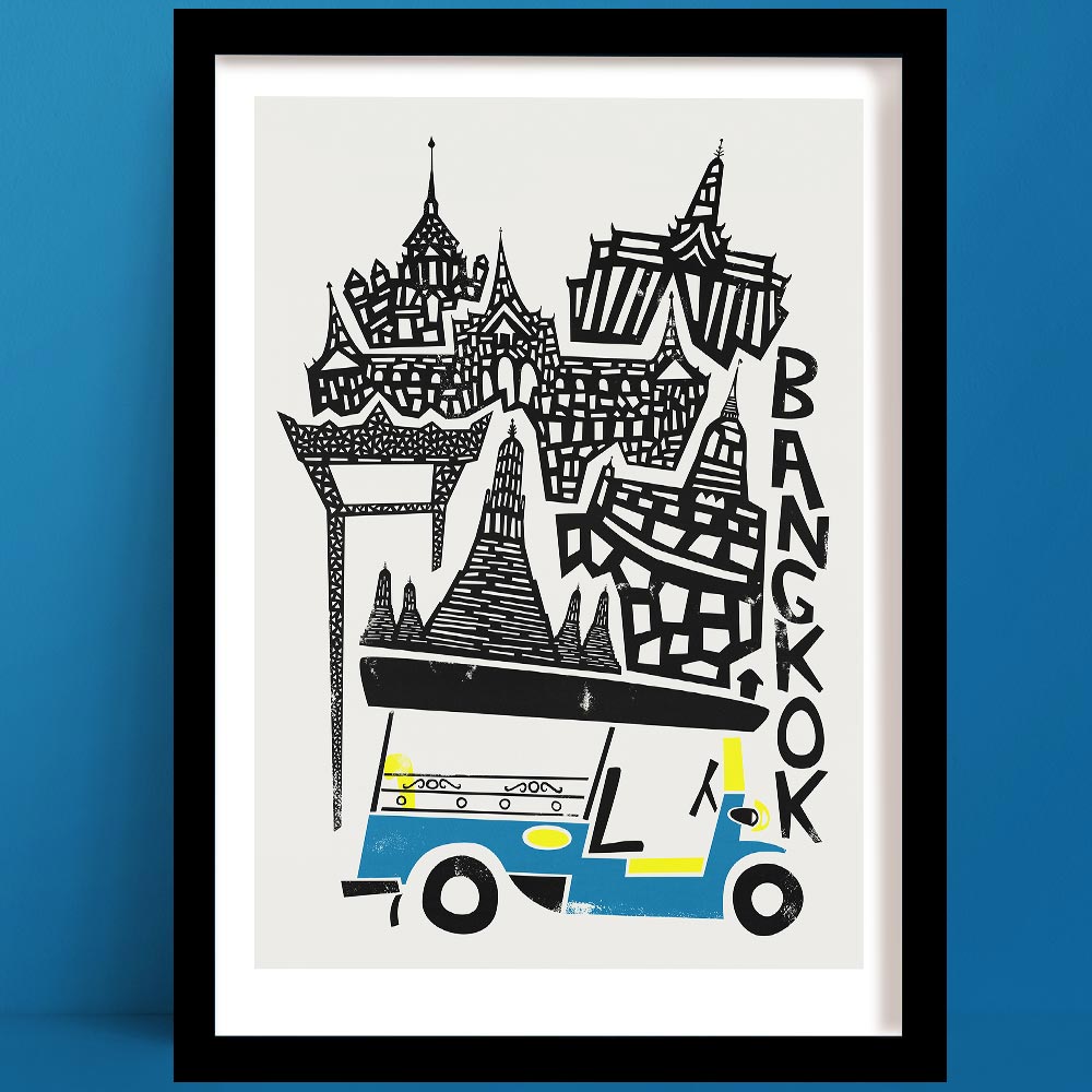 Bold graphic Bangkok art print of its skyline, featuring Thai temples and a charming tuk-tuk, designed in a playful, mid-century style with bright blue and yellow hues.