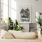 Bangkok city print framed in a light-filled room with greenery, bringing a touch of wanderlust and vintage graphic flair to a minimalist modern space.