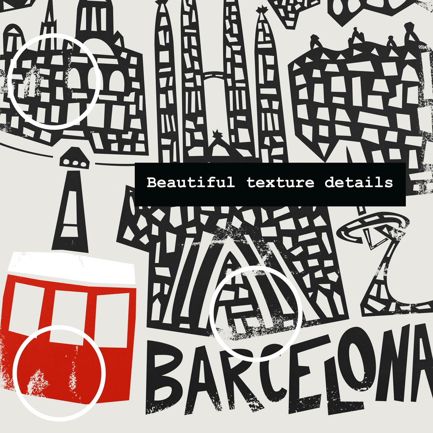 Close-up of the intricate black linework detailing Gaudí’s architectural influence, with the red cable car adding a pop of modern movement and contrast.