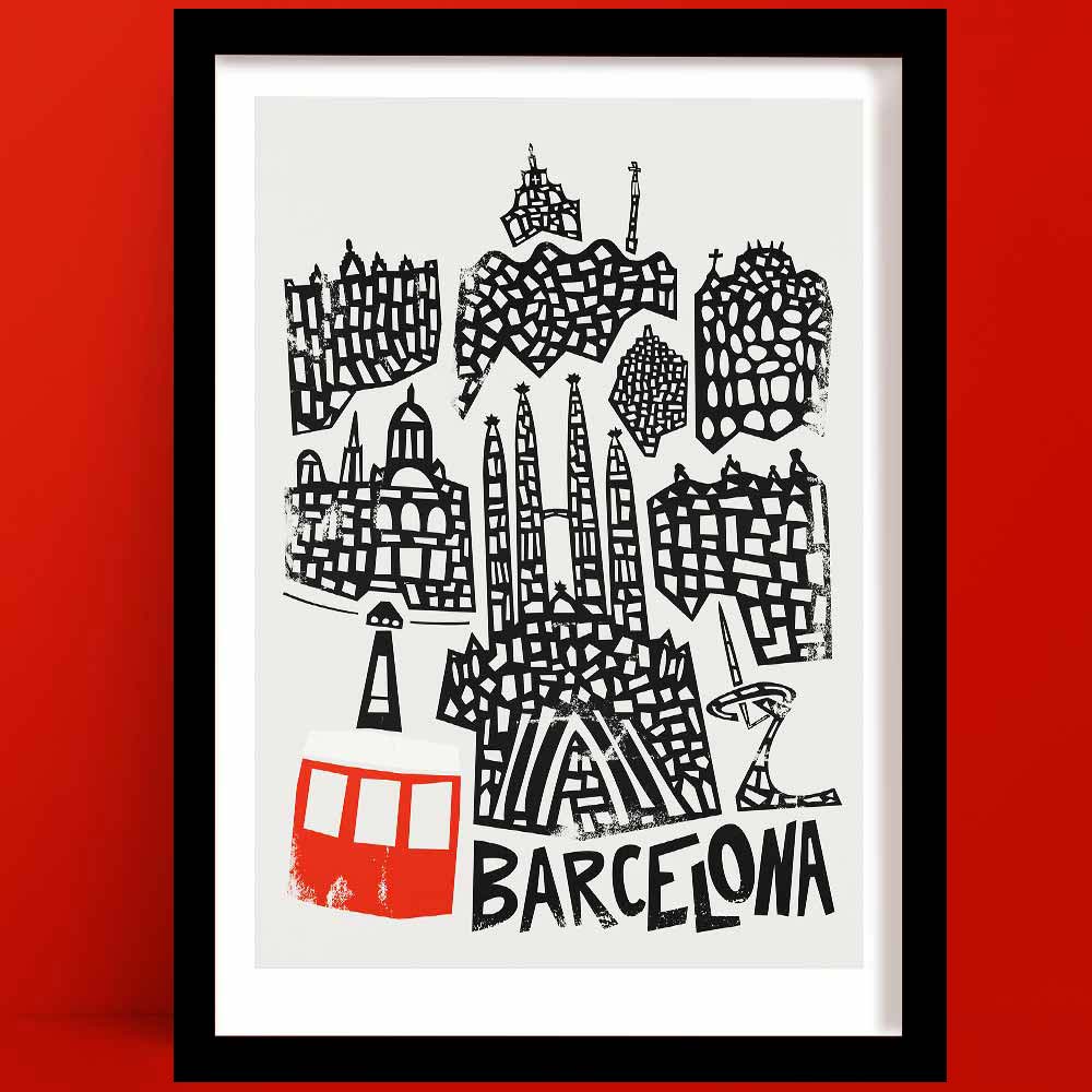 A Barcelona print, illustrated with black line drawings of famous landmarks like Sagrada Família and Casa Batlló, anchored by a red cable car and bold “Barcelona” text.