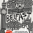 Close-up view of the Belfast print showing the angular architecture, clock tower, and signature red ferry, highlighting the city’s strong maritime character.
