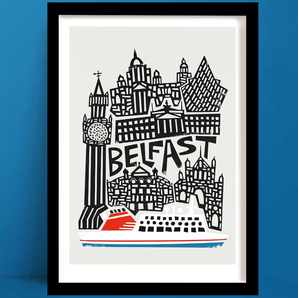 A Belfast Print featuring a bold black-and-white line illustration, with iconic landmarks stacked above a red and white ferry gliding along the bottom edge.