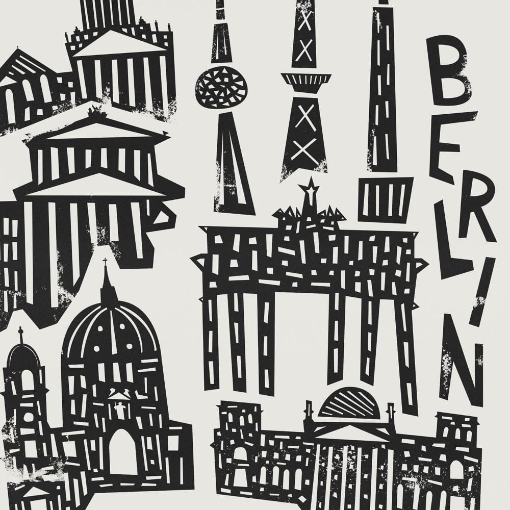 Close-up of the Berlin art print showcasing intricate hand-drawn details of the city’s historic and modern skyline, arranged vertically with energy.