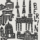 Close-up of the Berlin art print showcasing intricate hand-drawn details of the city’s historic and modern skyline, arranged vertically with energy.