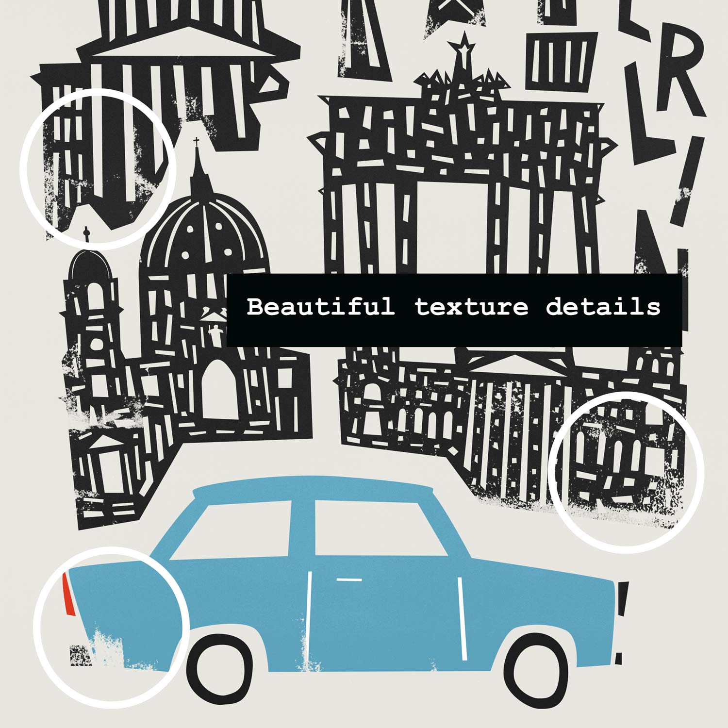 Close-up of the Berlin art print showcasing intricate hand-drawn details of the city’s historic and modern skyline, arranged vertically with energy.