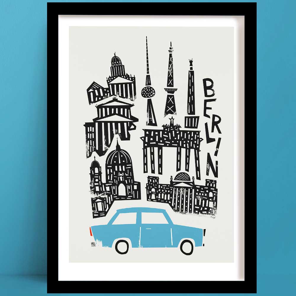 Bold illustrated Berlin print featuring iconic landmarks like the Brandenburg Gate, Berliner Dom, and Fernsehturm, with a charming pale blue car.