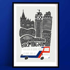 A monochrome Birmingham print illustration, featuring bold architectural linework and a red, white, and blue double-decker bus.