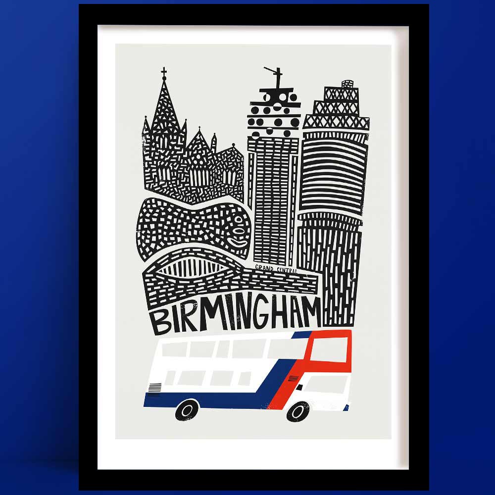 A monochrome Birmingham print illustration, featuring bold architectural linework and a red, white, and blue double-decker bus.
