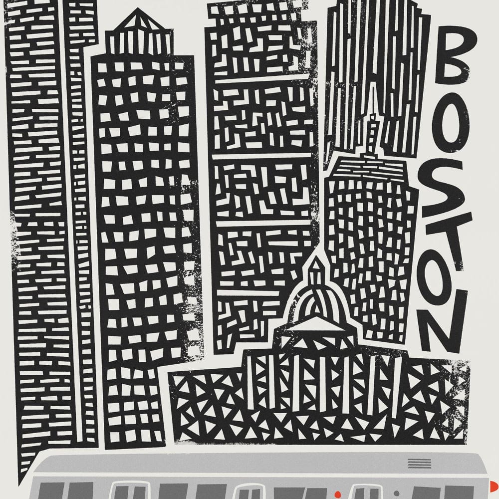 Close-up of the Boston print highlighting the historic State House dome and densely packed skyscrapers, with crisp tram details below.