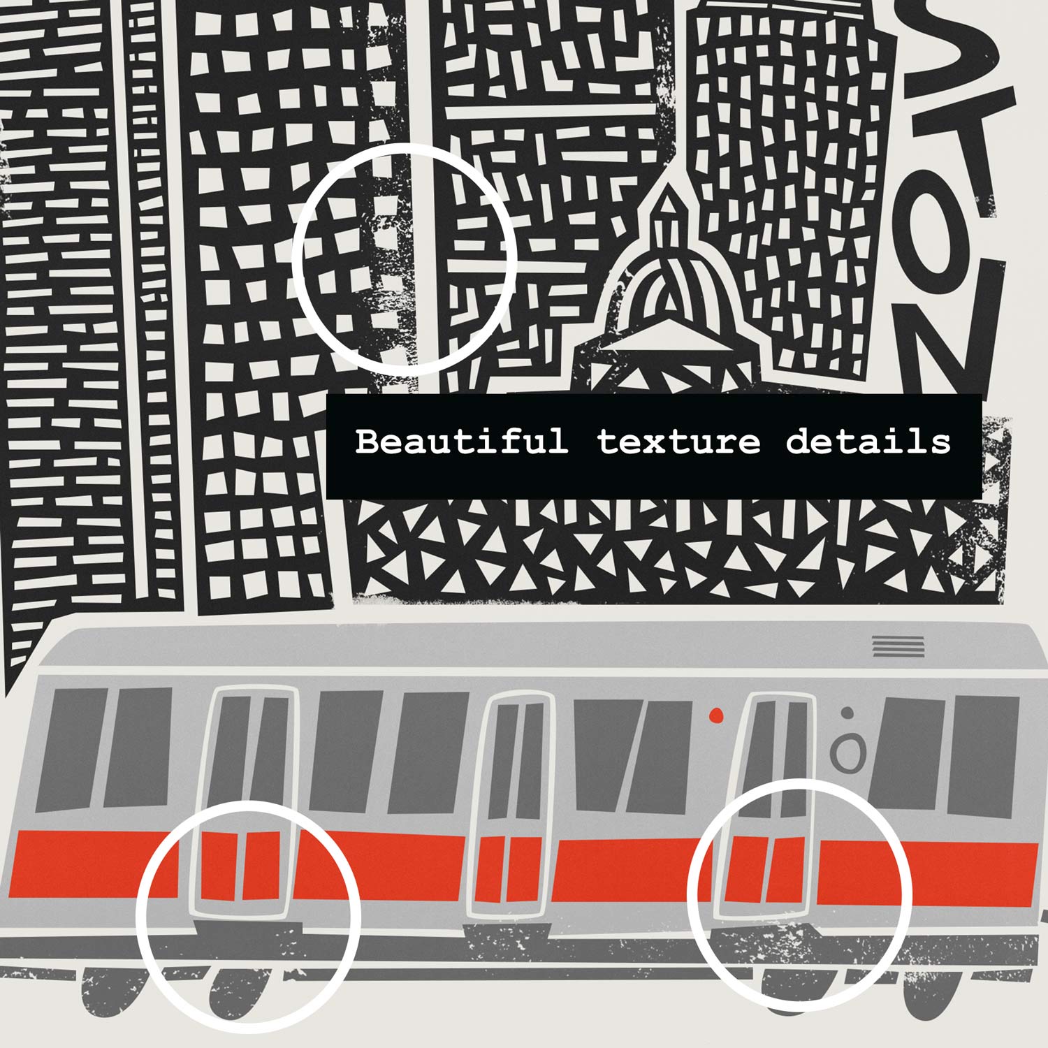 Close-up of the Boston print highlighting the historic State House dome and densely packed skyscrapers, with crisp tram details below.
