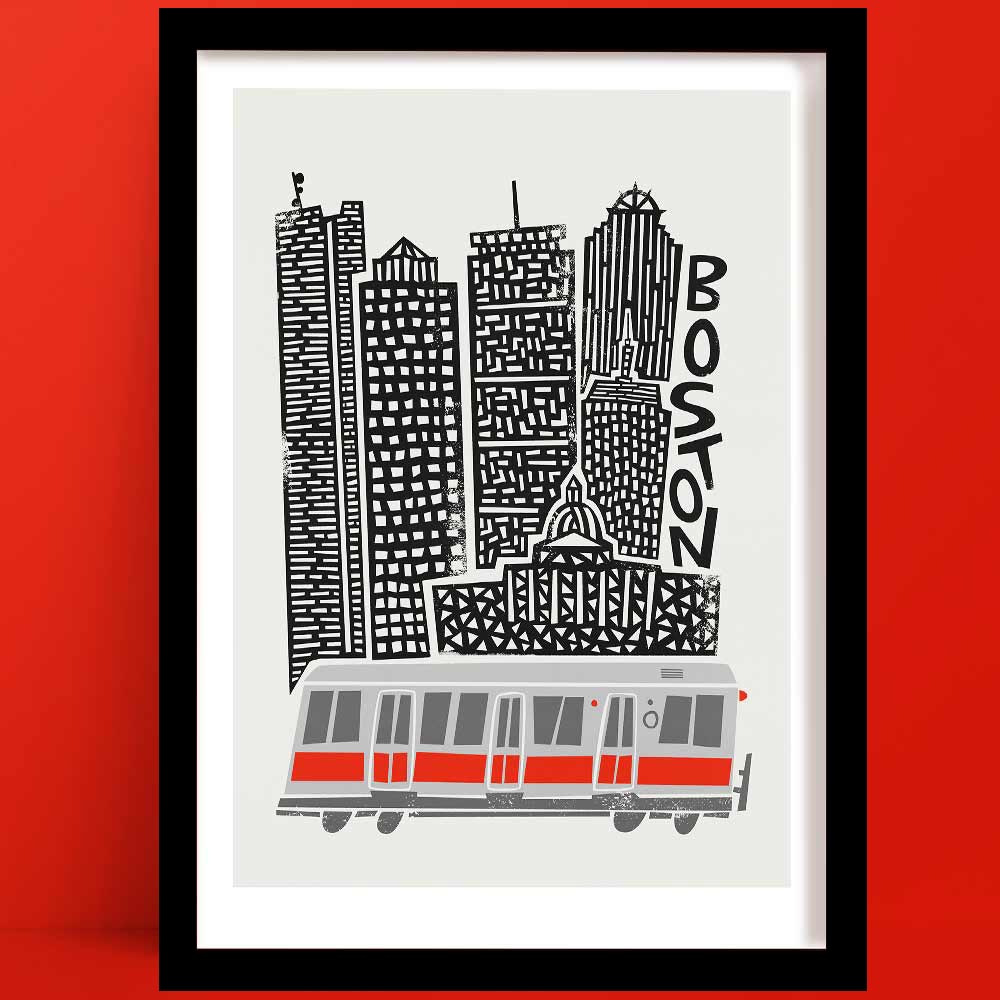 Bold Boston print featuring iconic high-rise buildings and a red T-line subway car, drawn in a playful black-and-white line style with mid-century energy.