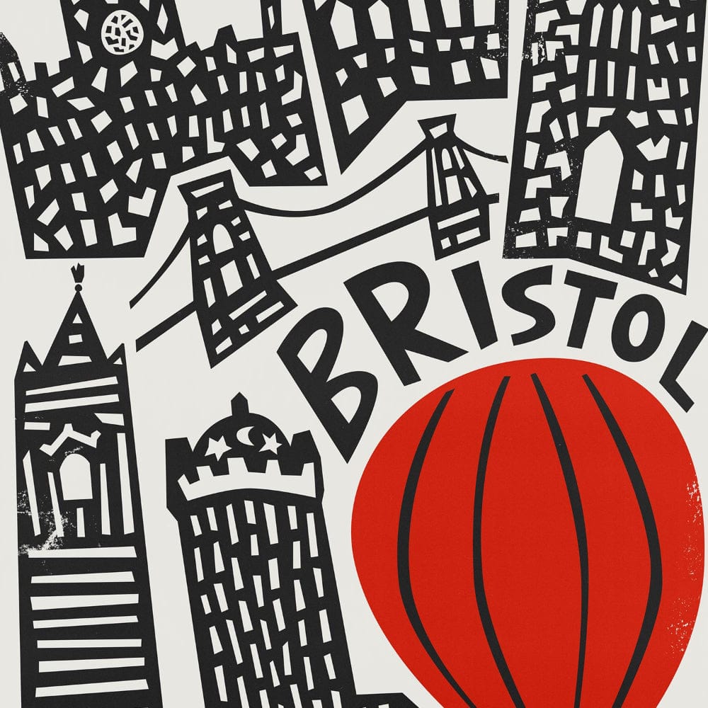 Detail of the Bristol city print showing hand-drawn buildings and the iconic red balloon.