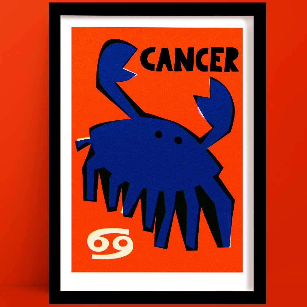 Cancer star sign print featuring a bold blue crab with raised claws and white Cancer symbol, framed on a bright red-orange background.