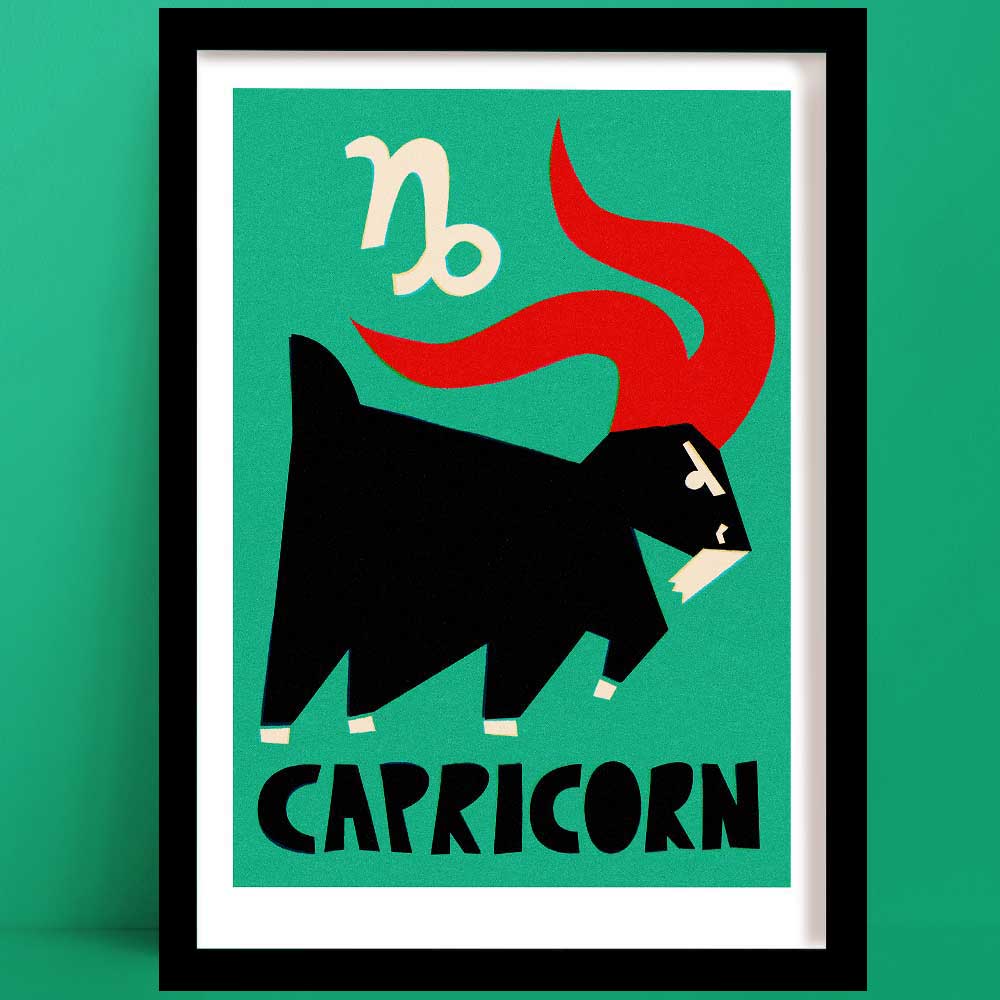 Capricorn print featuring a stylised black goat with a red curved tail and white zodiac symbol, framed on a mint green background.