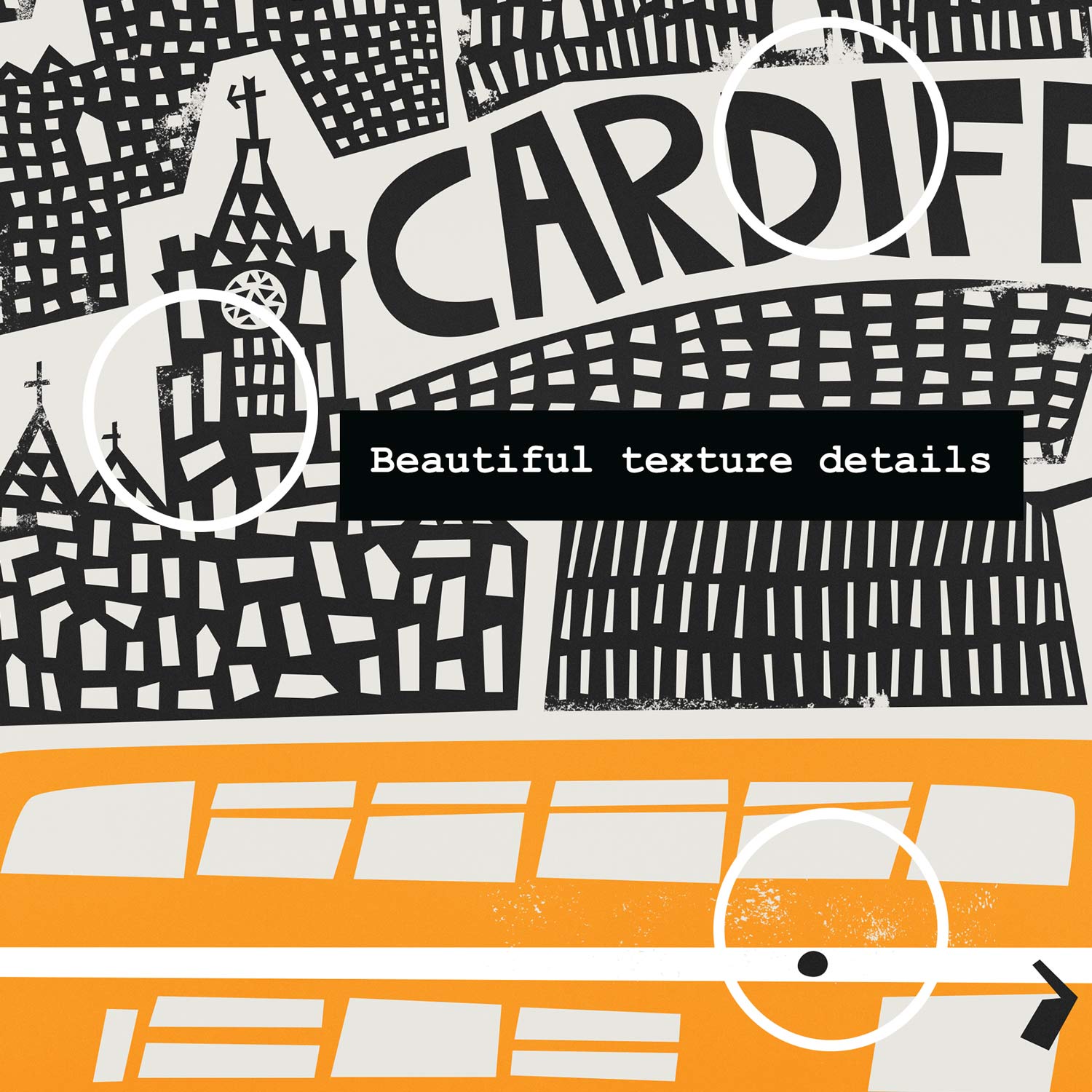 A close-up of the Cardiff print, highlighting hand-drawn architectural details and playful typography spelling “CARDIFF.”