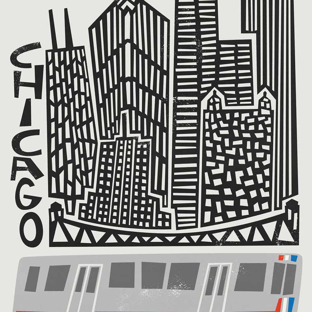 Close-up of the Chicago city print, showcasing hand-drawn architecture details and the geometric pattern of the elevated train track.