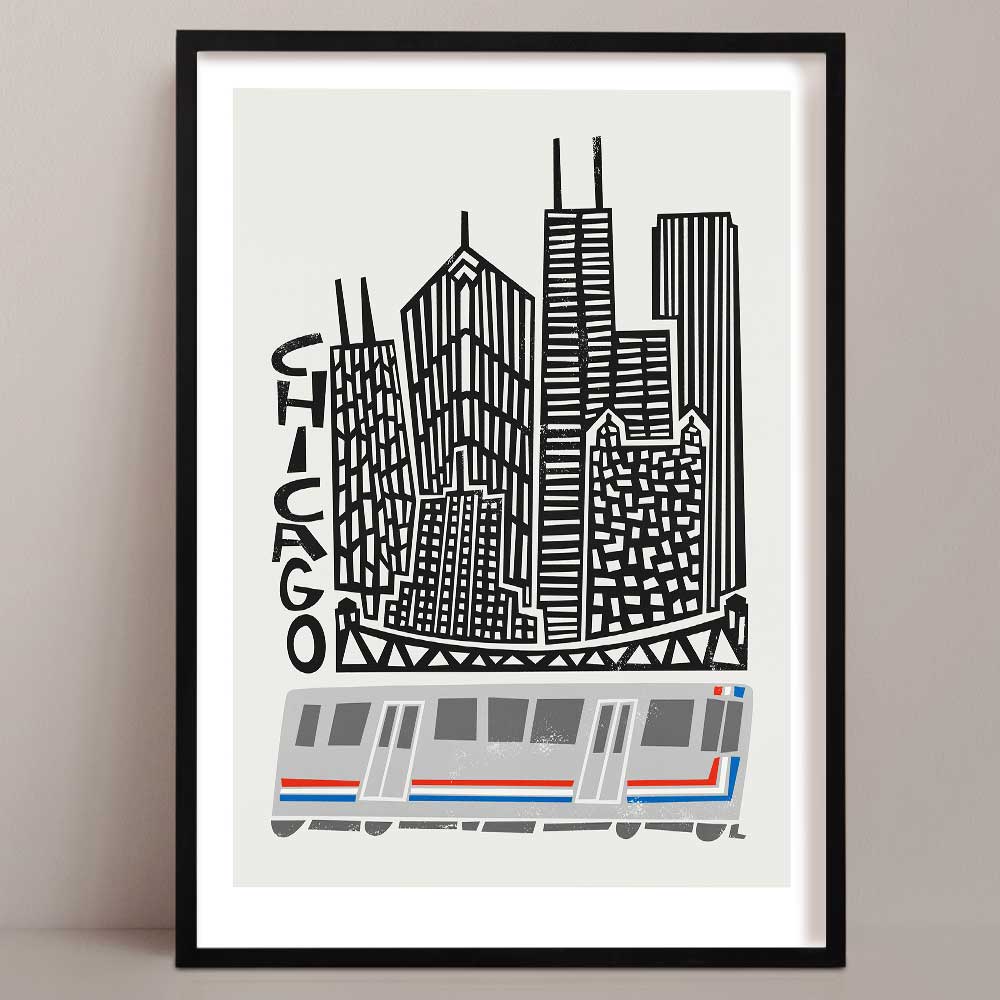 A bold black and white illustrated Chicago print, featuring iconic skyscrapers and a stylised elevated CTA train crossing in the foreground.