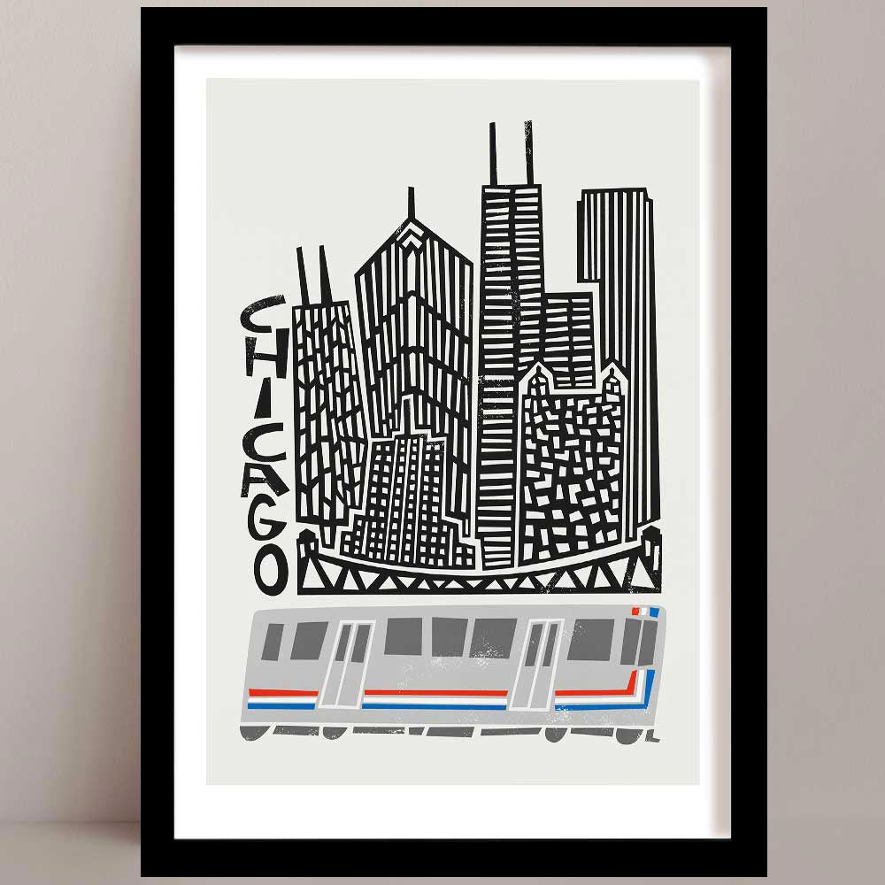 A bold black and white illustrated Chicago print, featuring iconic skyscrapers and a stylised elevated CTA train crossing in the foreground.