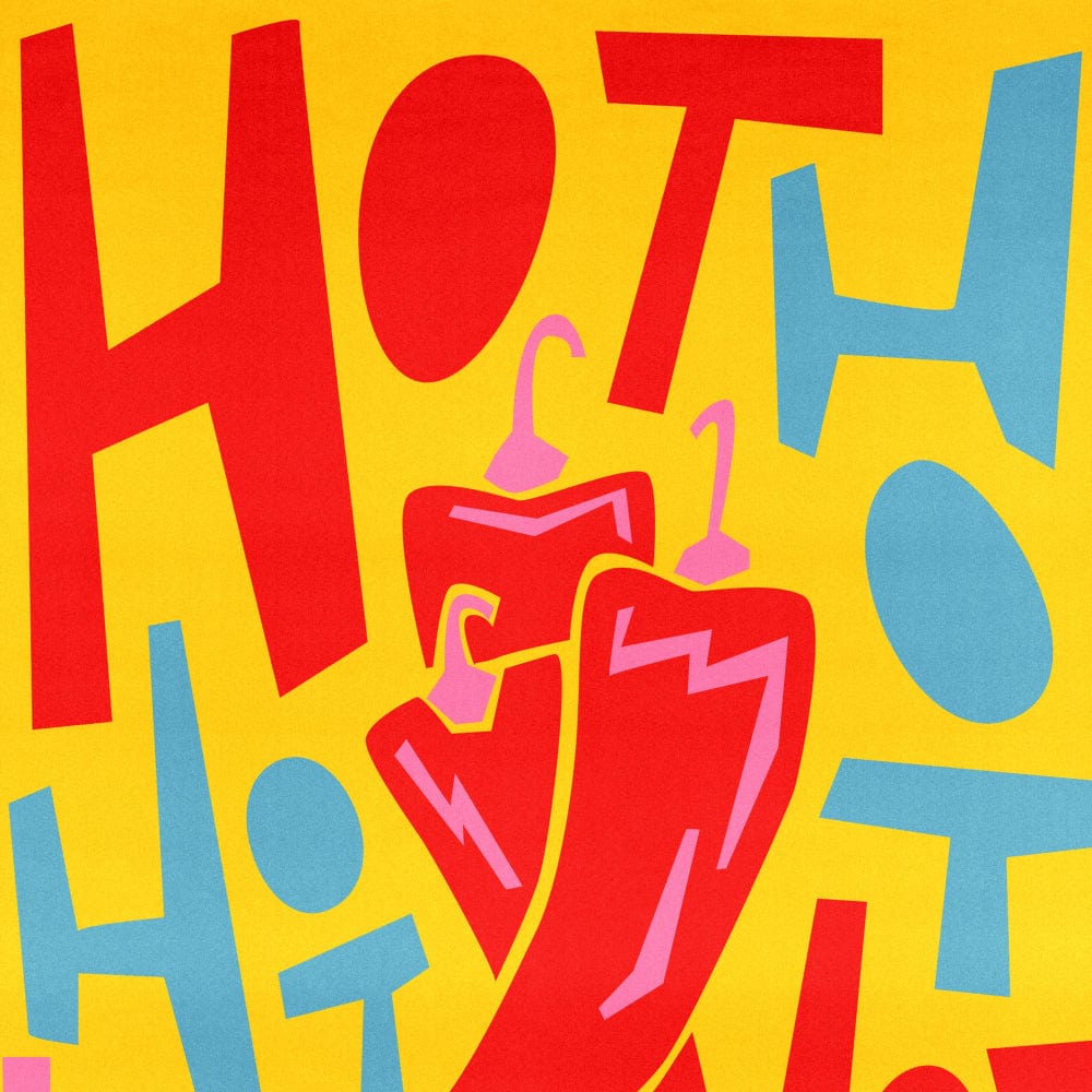Detail of the playful “Hot” lettering and stylised chilli illustration.