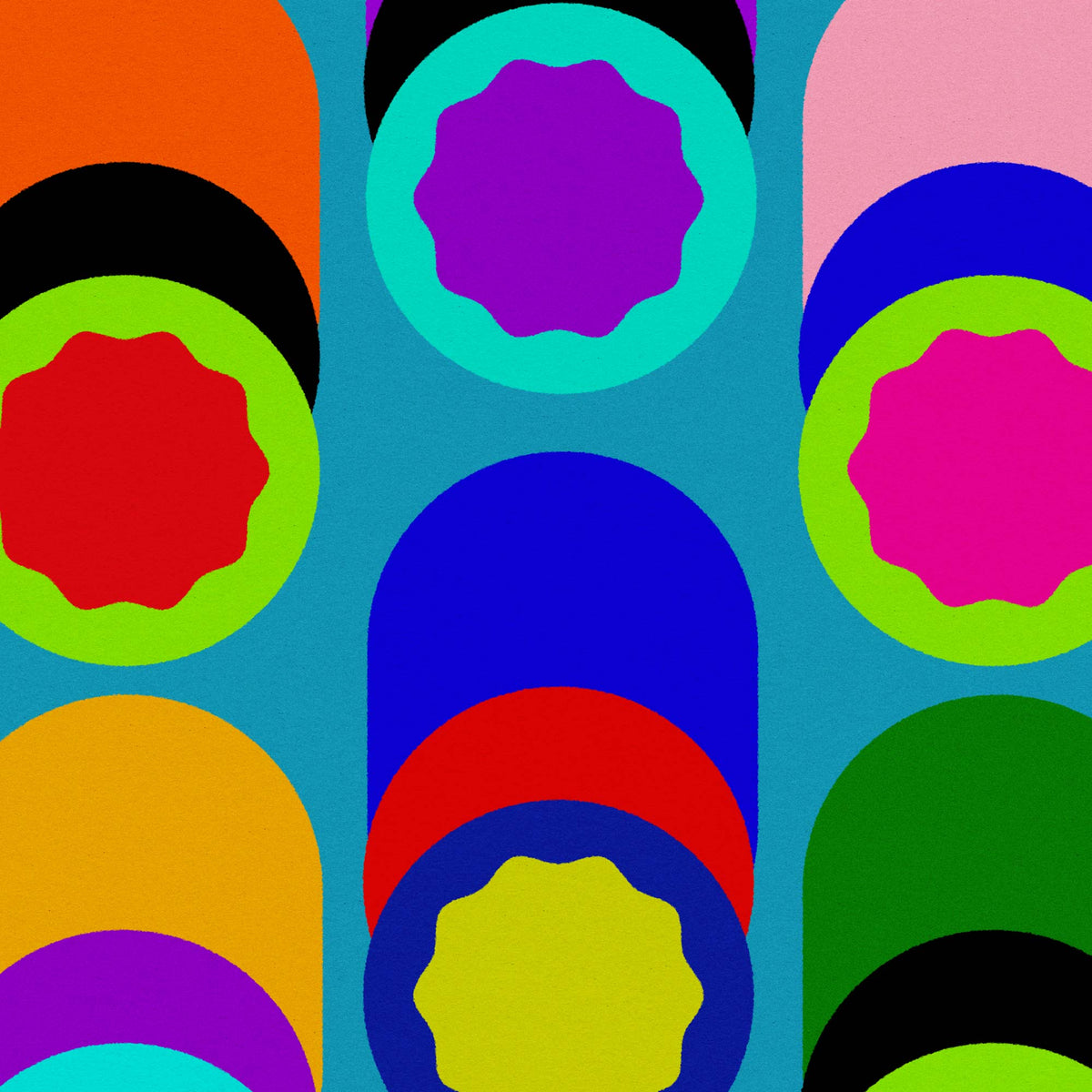 Colorful pattern of concentric circles on a blue background