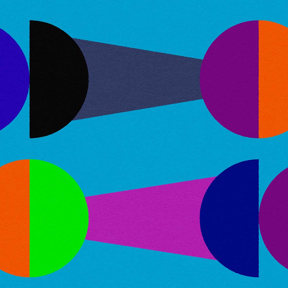 Geometric abstract design with colorful shapes on a blue background