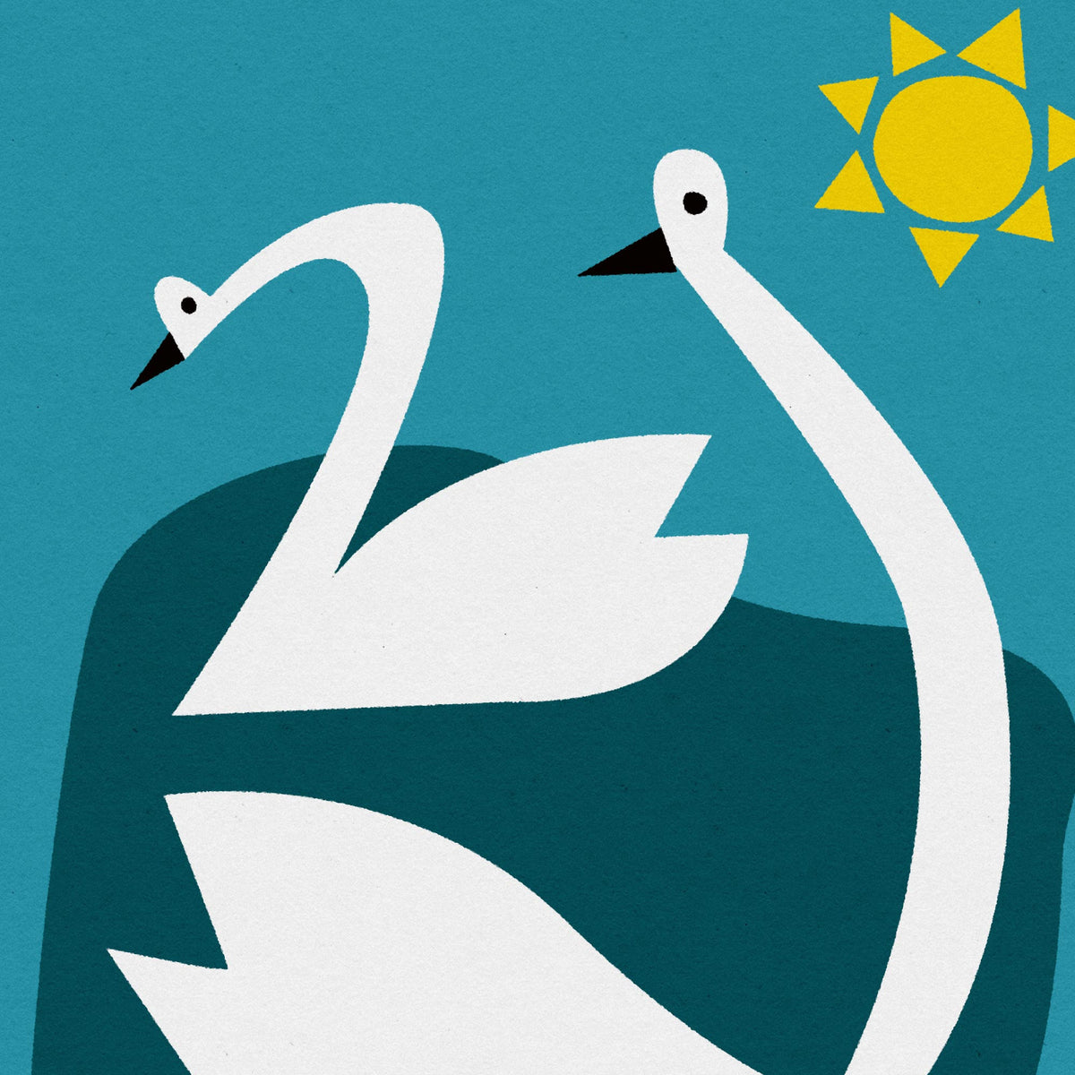 Minimalist vector art print featuring two white swans on a teal background with a yellow sun in the upper right.
