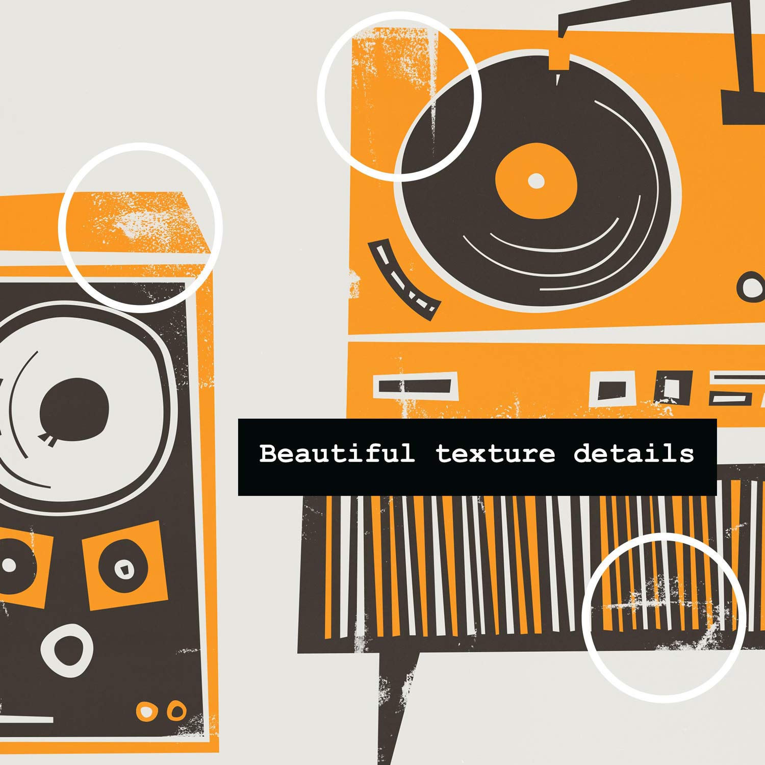 Close-up of retro stereo art print showing orange speaker details, vinyl player, and record shelf