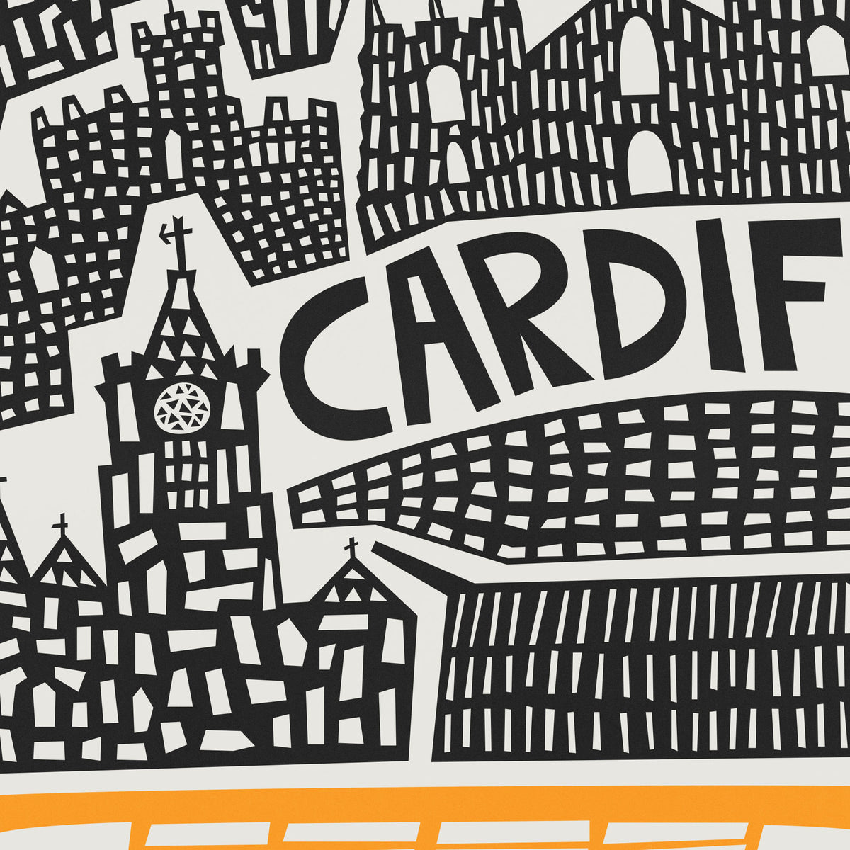A close-up of a graphic print featuring black hand-drawn cityscape illustrations, including a clock tower and stylized buildings, with the word 'CARDIFF' in large black letters on a white background and a thin orange stripe at the bottom.