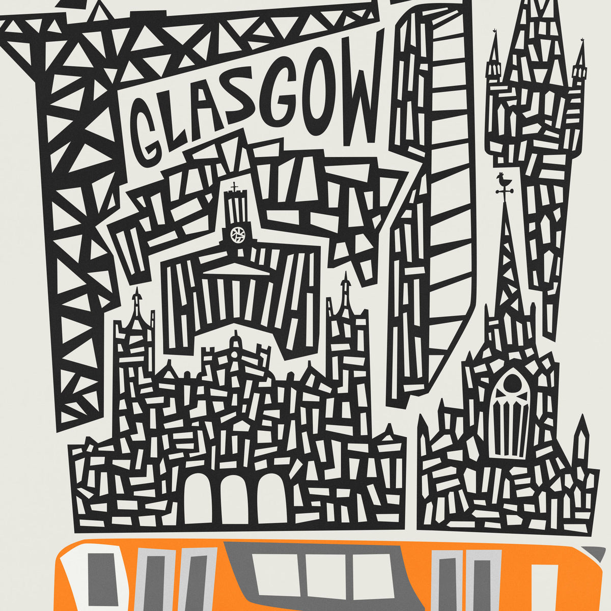 A stylized black-and-white Glasgow cityscape graphic with the word "GLASGOW" across the top, featuring buildings and a tram in a bold graphic design. The artwork fills most of the frame against a light neutral background.
