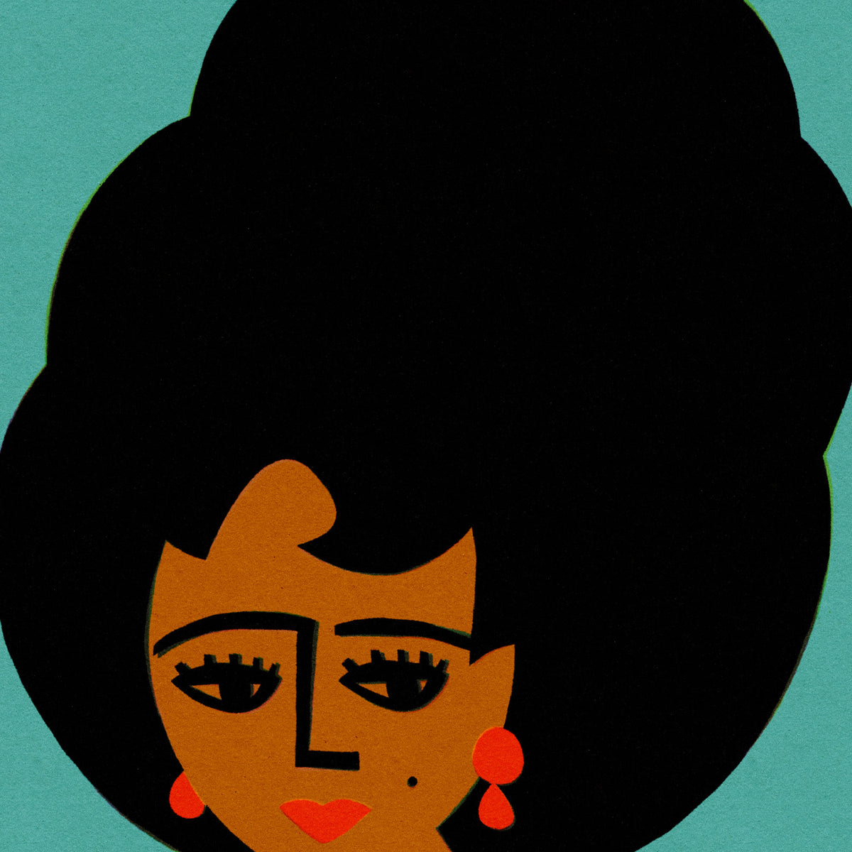 A stylized graphic illustration of a woman's face with a large black afro hairstyle, tan skin, black eyes, red earrings, and red lips on a teal background.