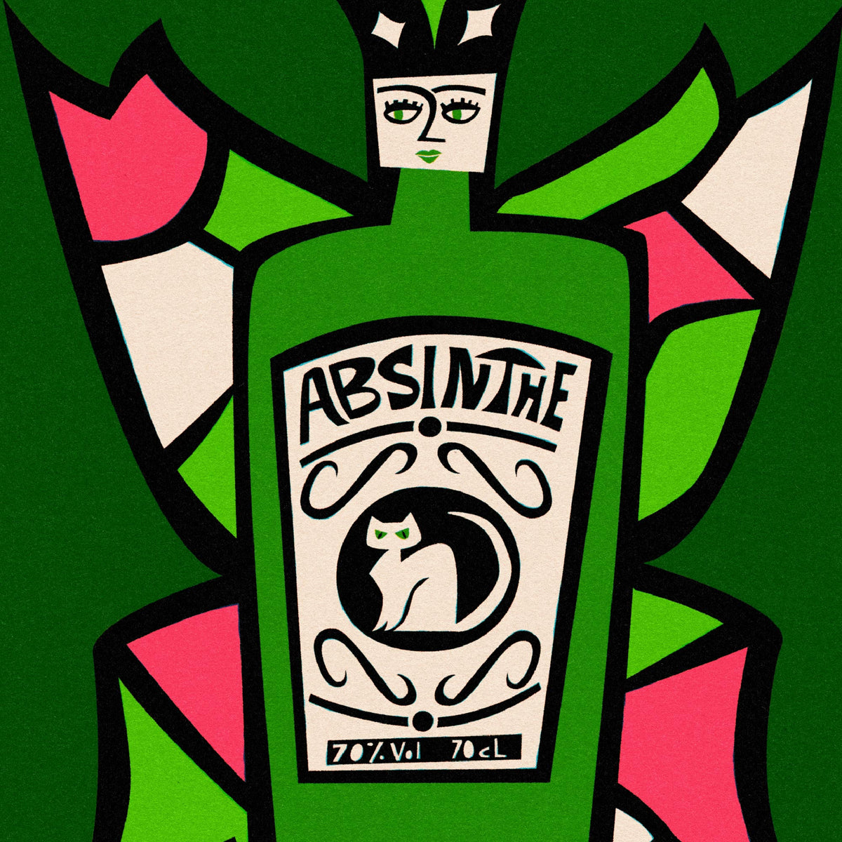 Stylized graphic illustration of a green Absinthe bottle with a cream label featuring a black cat, set against a green background with abstract pink, green, and cream shapes.