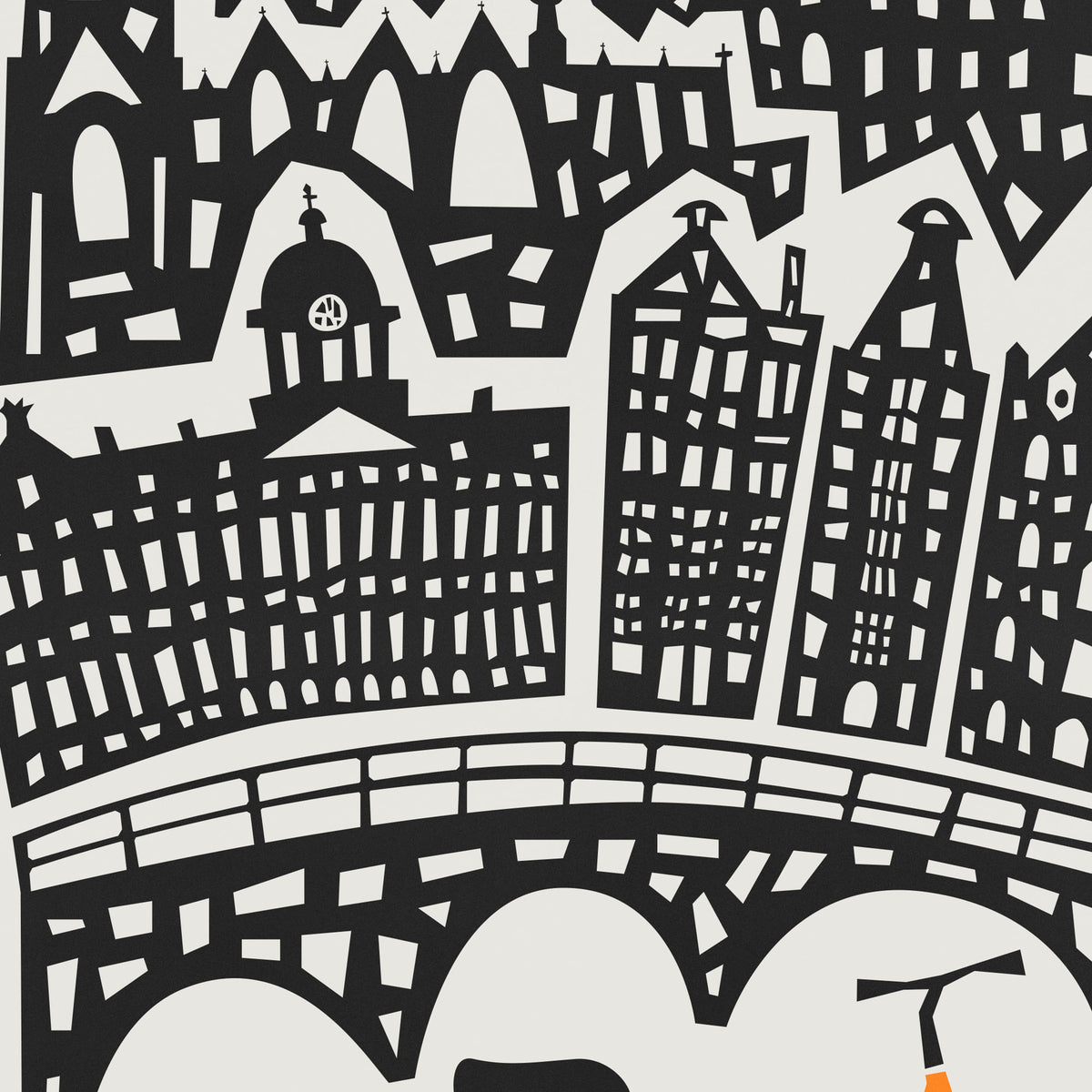 Black and white graphic illustration of a city skyline with stylized buildings, a bridge, and a small orange-and-black figure near the bottom right.