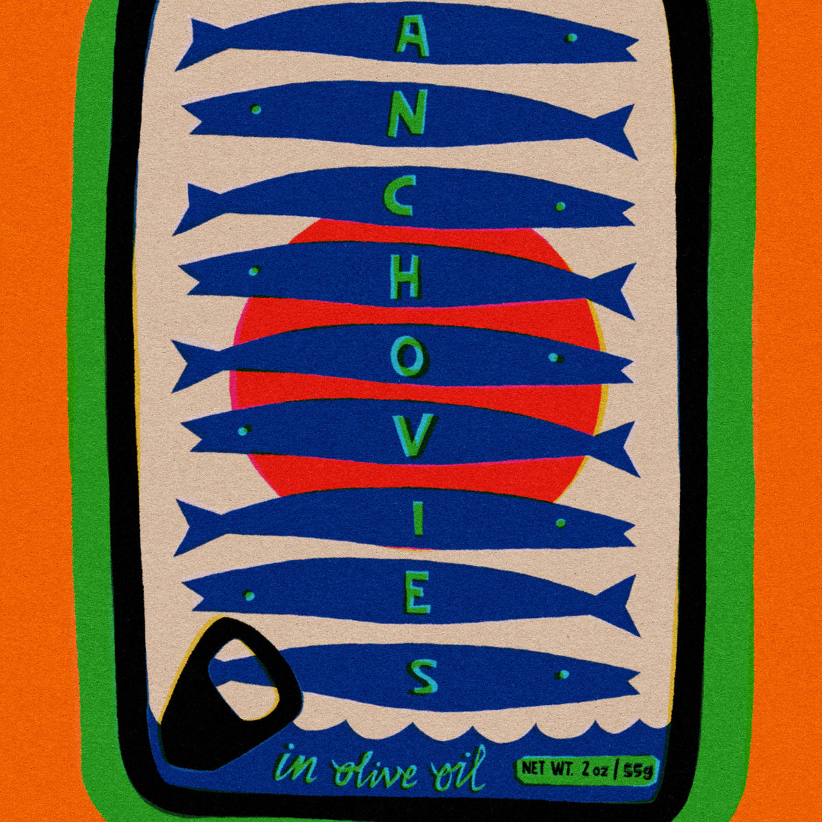 A stylized graphic label or packaging design featuring the word 'ANCHOVIES' spelled vertically in green letters over blue fish silhouettes, with a red circular shape behind them. The design is centered on a cream background with a green border, set against a solid orange backdrop.