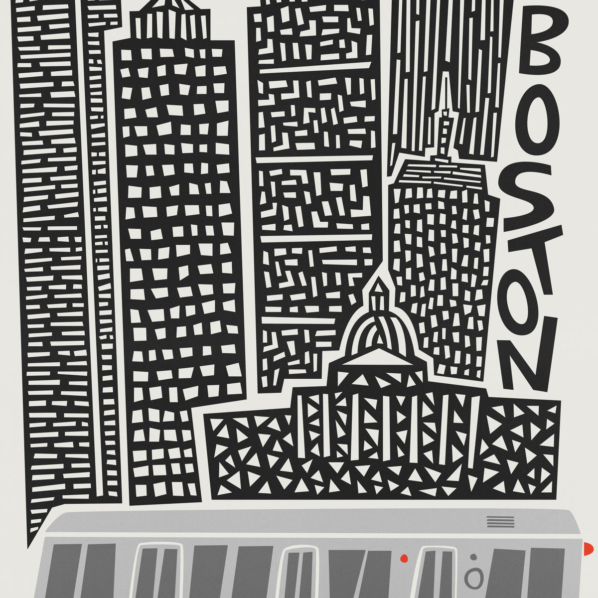 A black and white graphic art print depicting a stylized Boston skyline with city buildings and the word 'BOSTON' written vertically, with a gray subway train illustrated at the bottom.