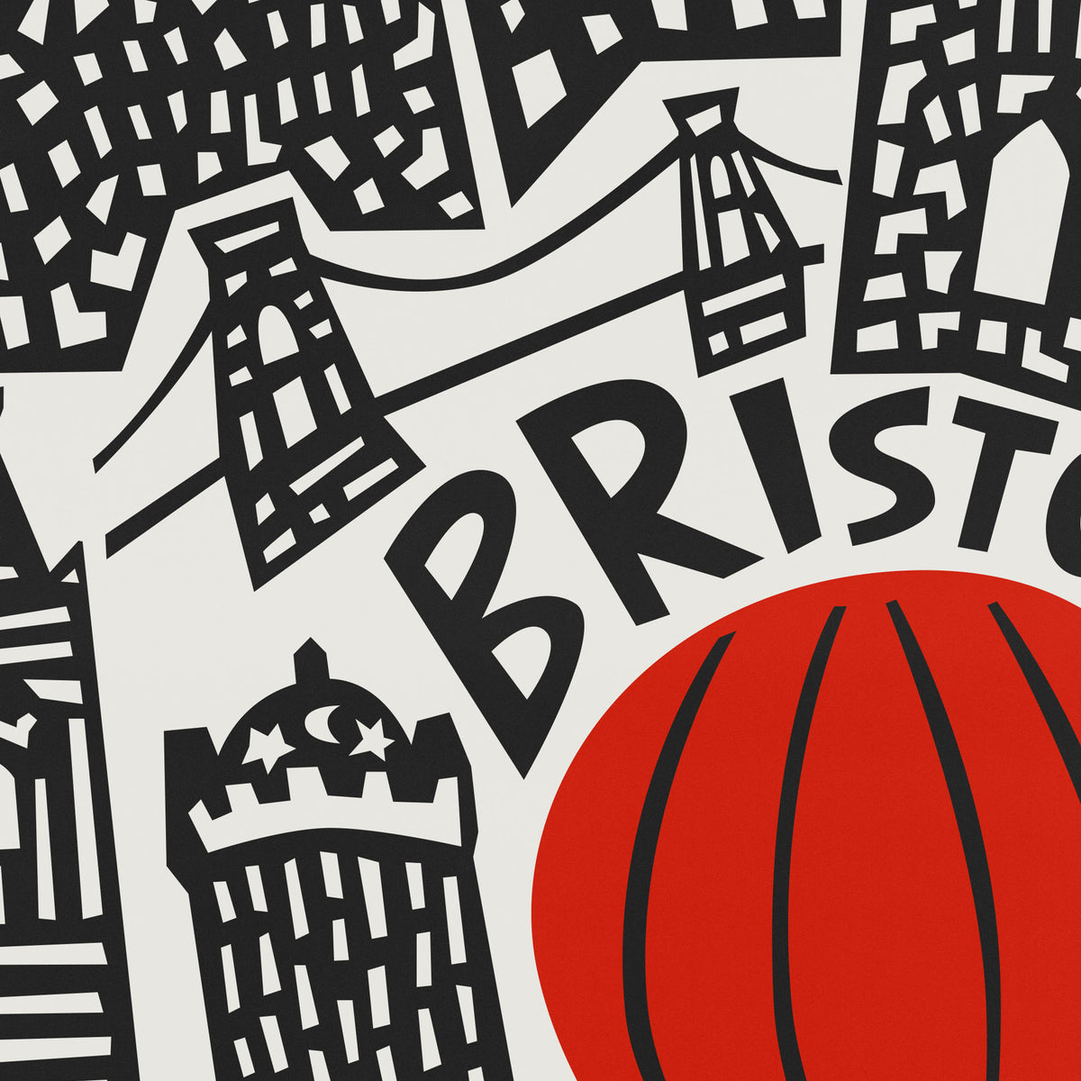 A close-up graphic print featuring black silhouettes of Bristol landmarks, including the Tower of London, on a light gray background with the word "BRISTOL" in large black letters and a bold red oval shape in the lower right.