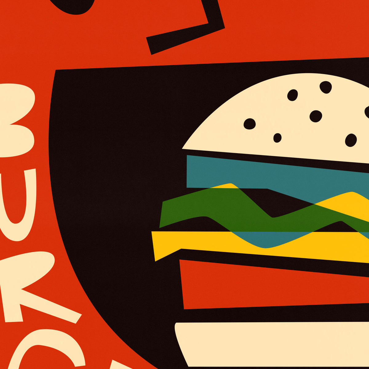 A close-up of a stylized graphic print featuring a hamburger with cream bun, black patty, teal and green lettuce, yellow cheese, and red sauce, set against a red background with partial cream lettering.
