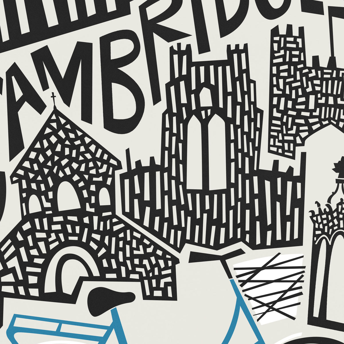 A close-up of a graphic print featuring stylized black line-art illustrations of Cambridge landmarks, including a cathedral and bridge, with large partial text reading 'CAMBRIDGE.