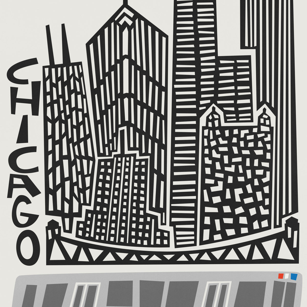 A black and white graphic art print depicting the Chicago skyline with stylized skyscrapers and the word 'CHICAGO' written vertically on the left, with a gray train illustration at the bottom.