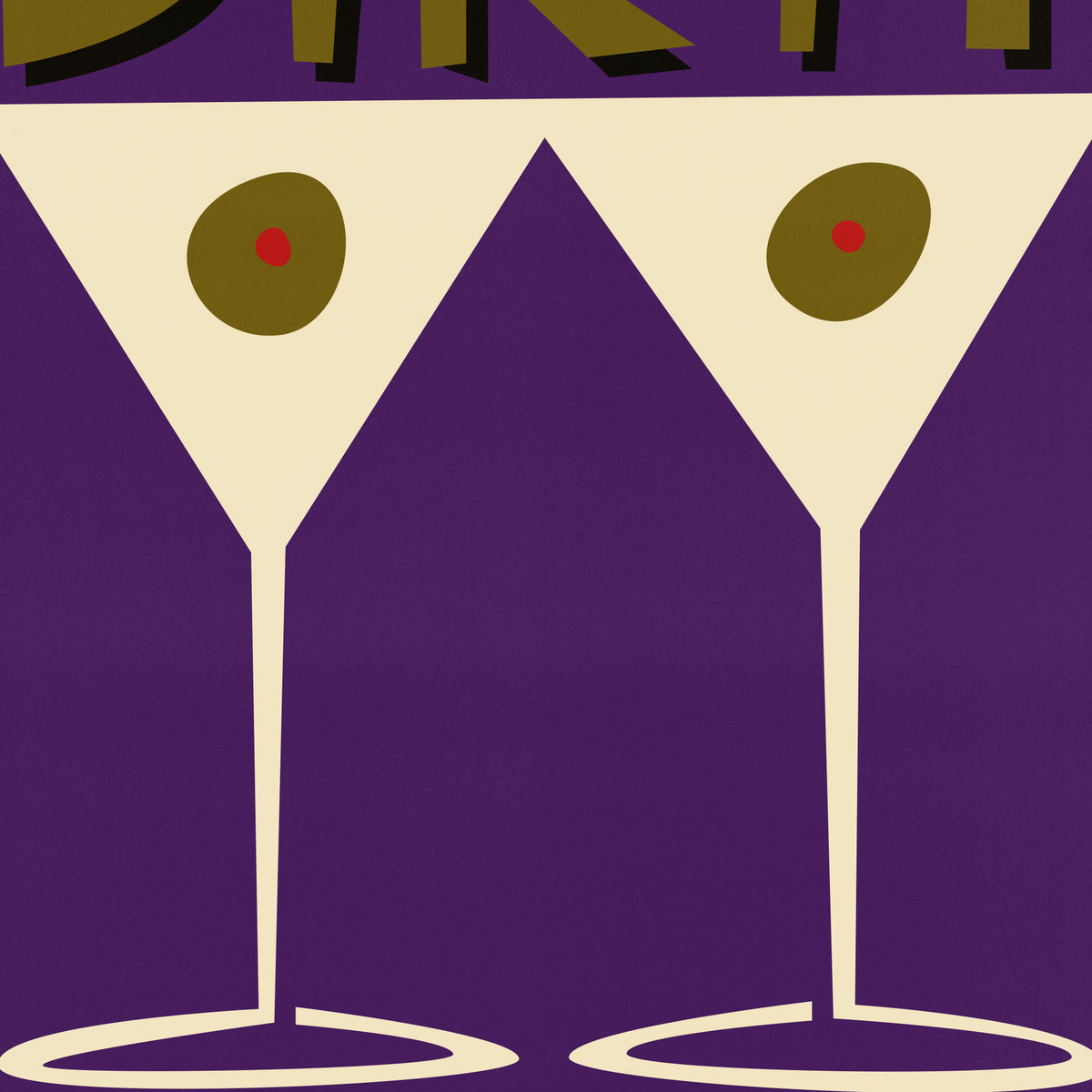 A stylized graphic artwork featuring two martini glasses with olive-green olives on a deep purple background, with partial bold lettering at the top.